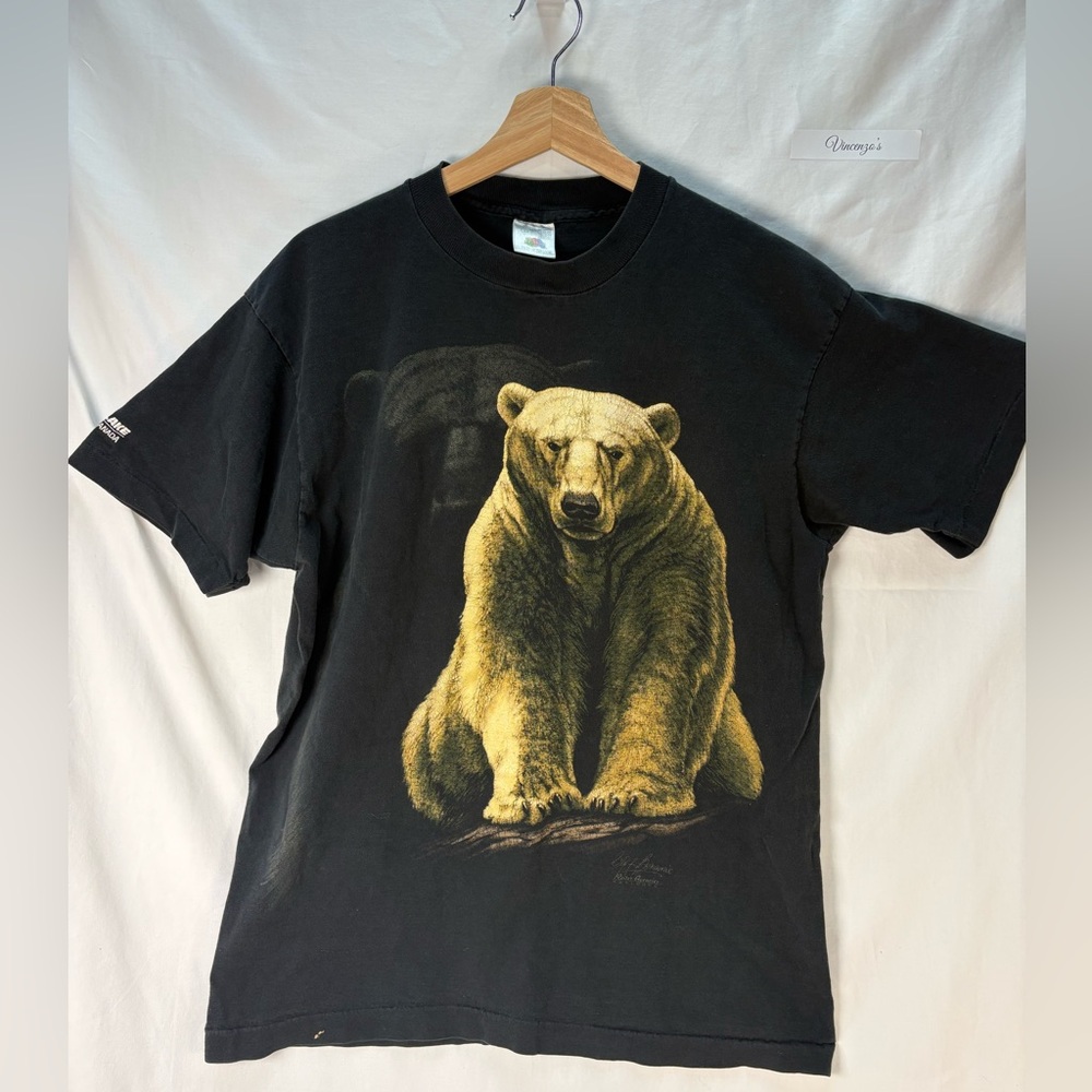 Polar Bear Graphic T-Shirt Black Wildlife Nature Tee Animal Print Size Large